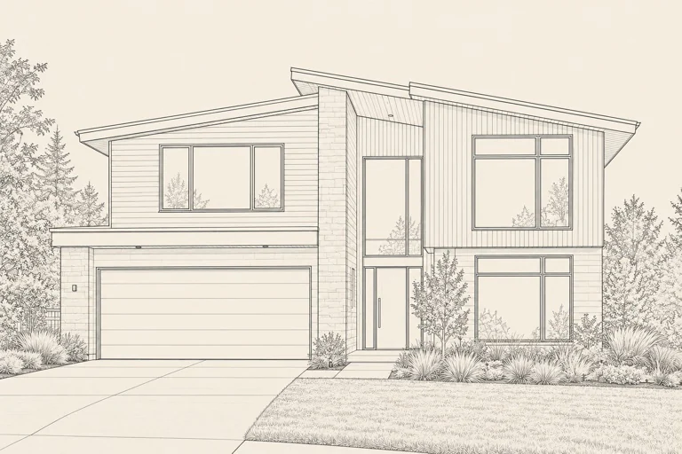 Architectural line drawing of a contemporary two-storey home