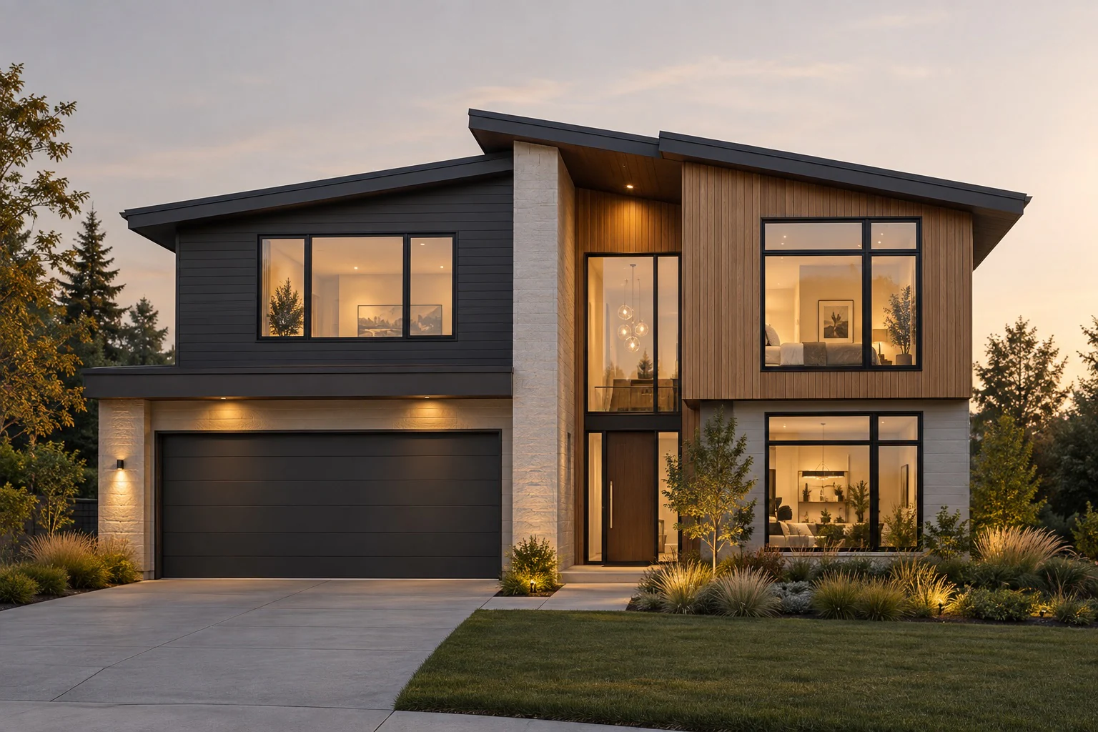 Concept home with charcoal siding above the garage